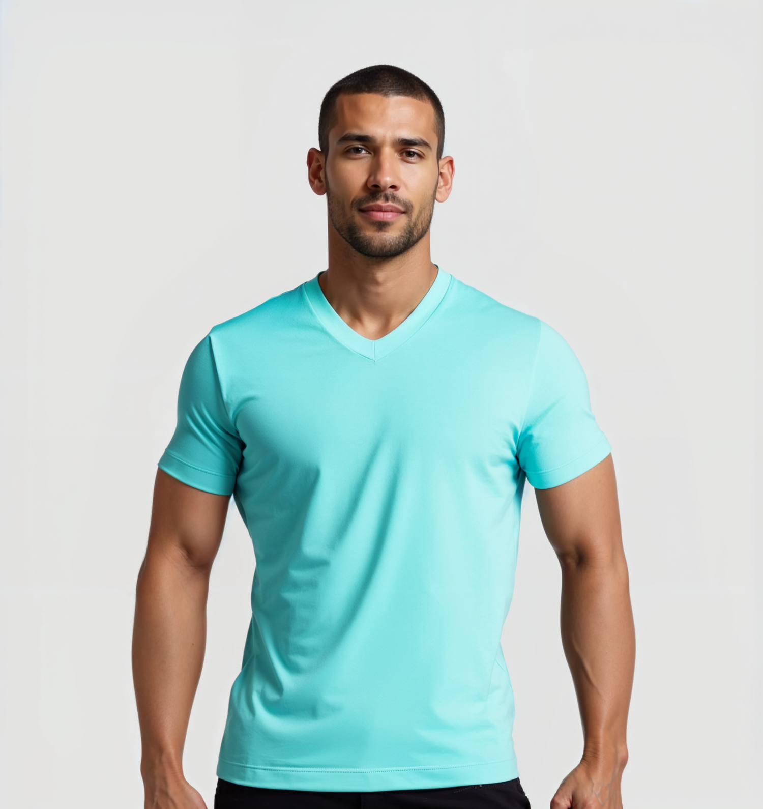 Tricou cu guler în V - Albastru turcoaz