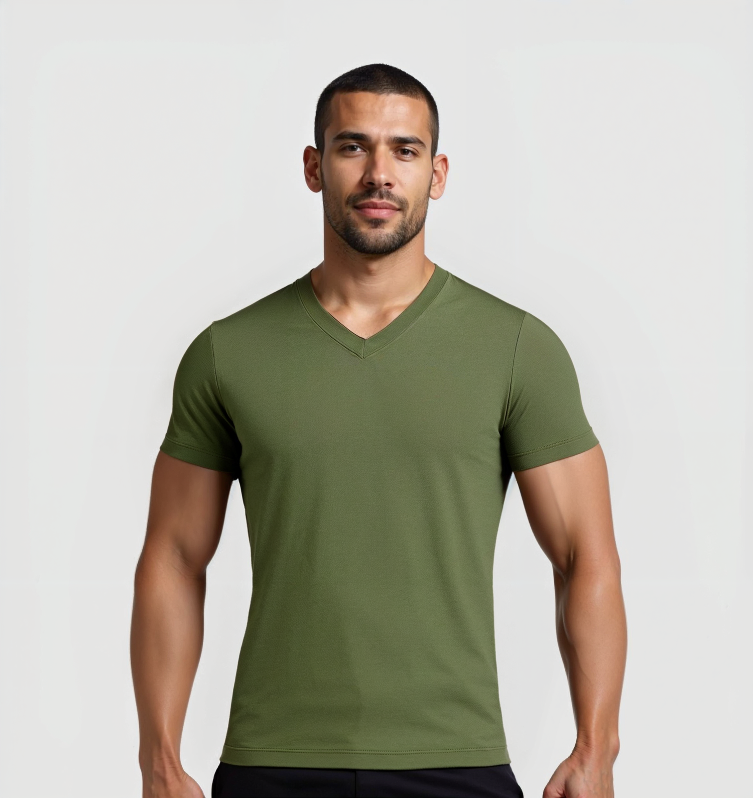 Tricou cu guler în V - Kaki