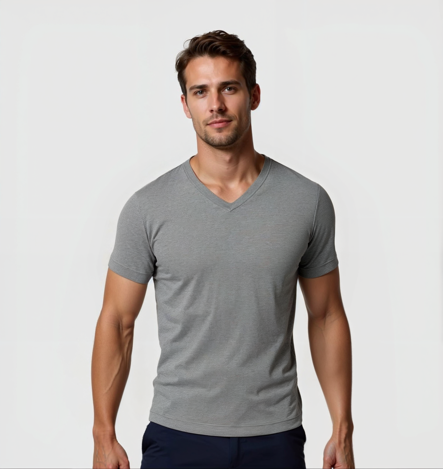Tricou cu guler în V - Gri
